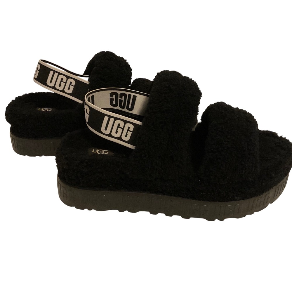 UGG Fluffita Black Sheepskin Platform Slide Sandal 1120876 Womens 8